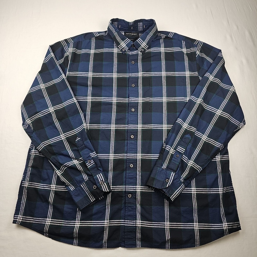 Banana Republic Men's XXL Untucked Fit Blue Plaid Long Sleeve Button Down Shirt